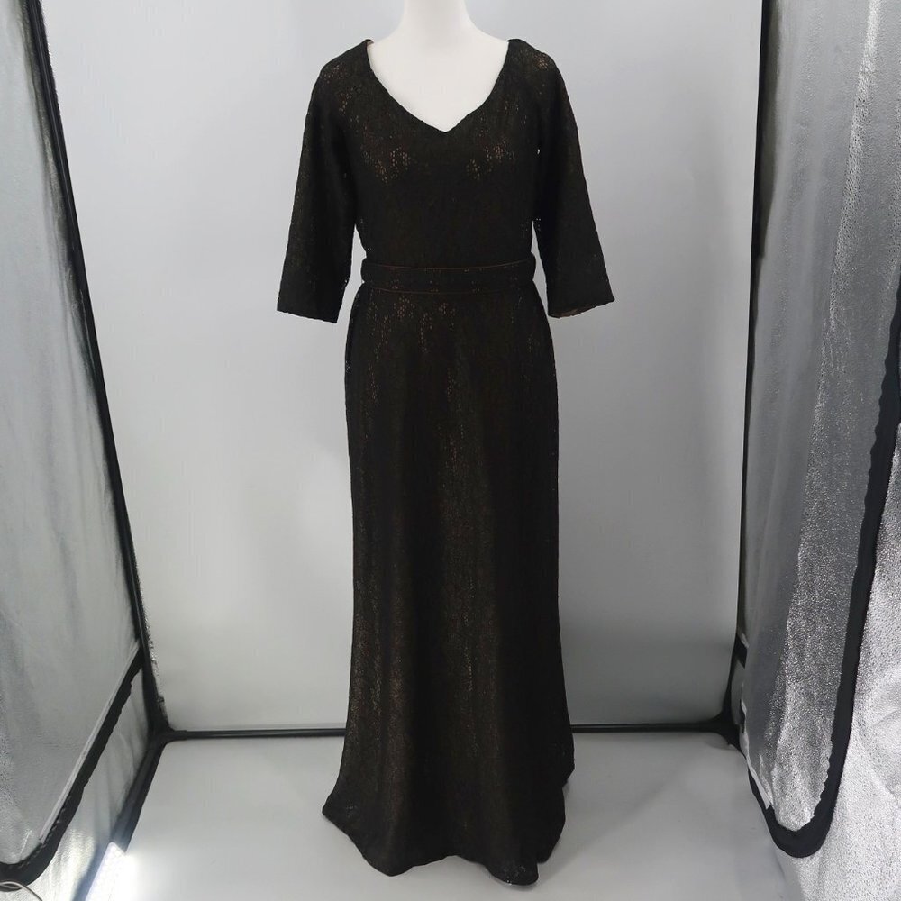 David Meister Women's Black 3/4 Sleeve Lace Gown w Nude Underlay Size 6 - Picture 1 of 11